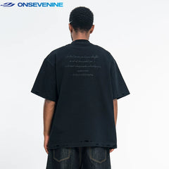 ONSEVENINE Distressed Minimalist Black Tee