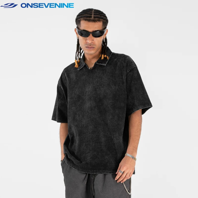 ONSEVENINE Acid-Wash Polo Collar Tee