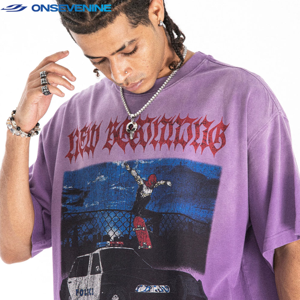 ONSEVENINE Skateboarder and Police Car Graphic Tee