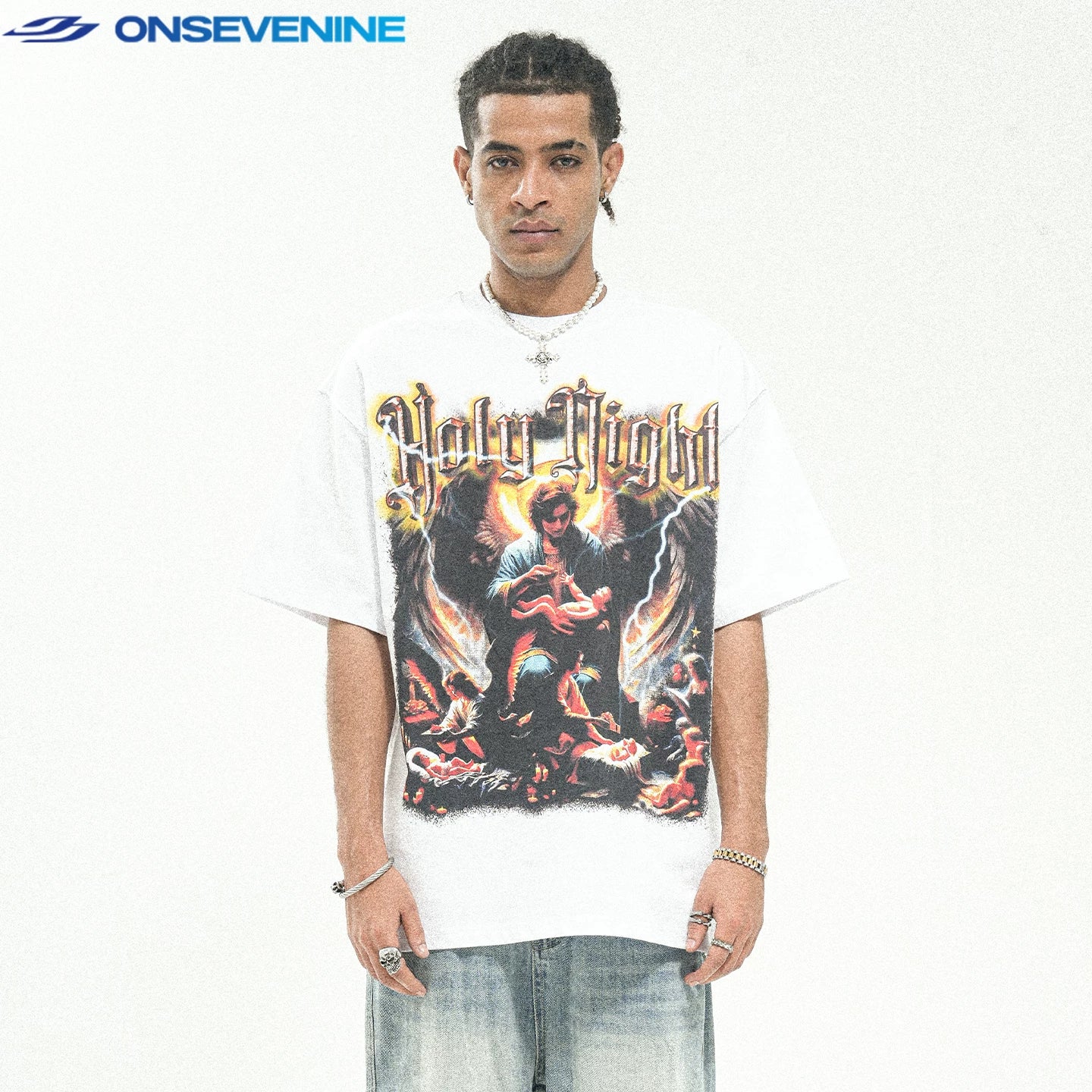 ONSEVENINE "Holy Night" White Graphic Tee