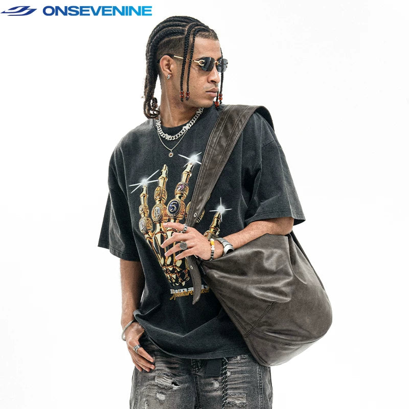 ONSEVENINE Golden Skeletal Hand Ring Graphic Tee