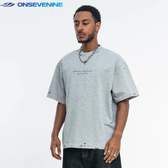 ONSEVENINE Distressed Minimalist Black Tee