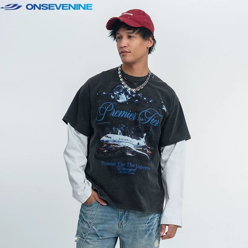 ONSEVENINE "Premier Tier" Airplane Graphic Layered-Effect Tee