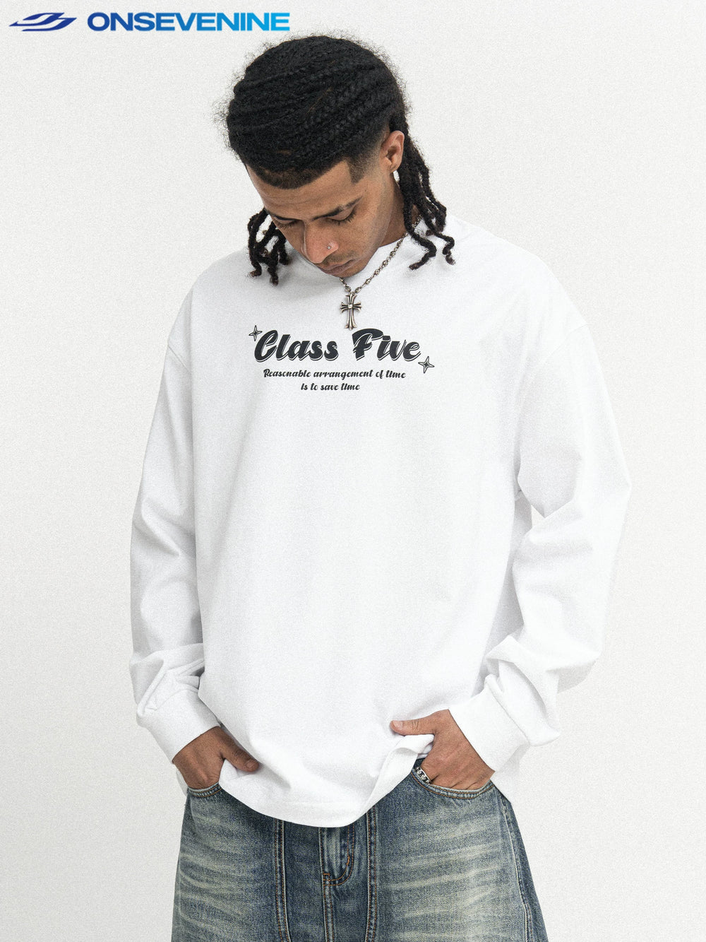 ONSEVENINE "Class Five" Typographic Long-Sleeve Shirt