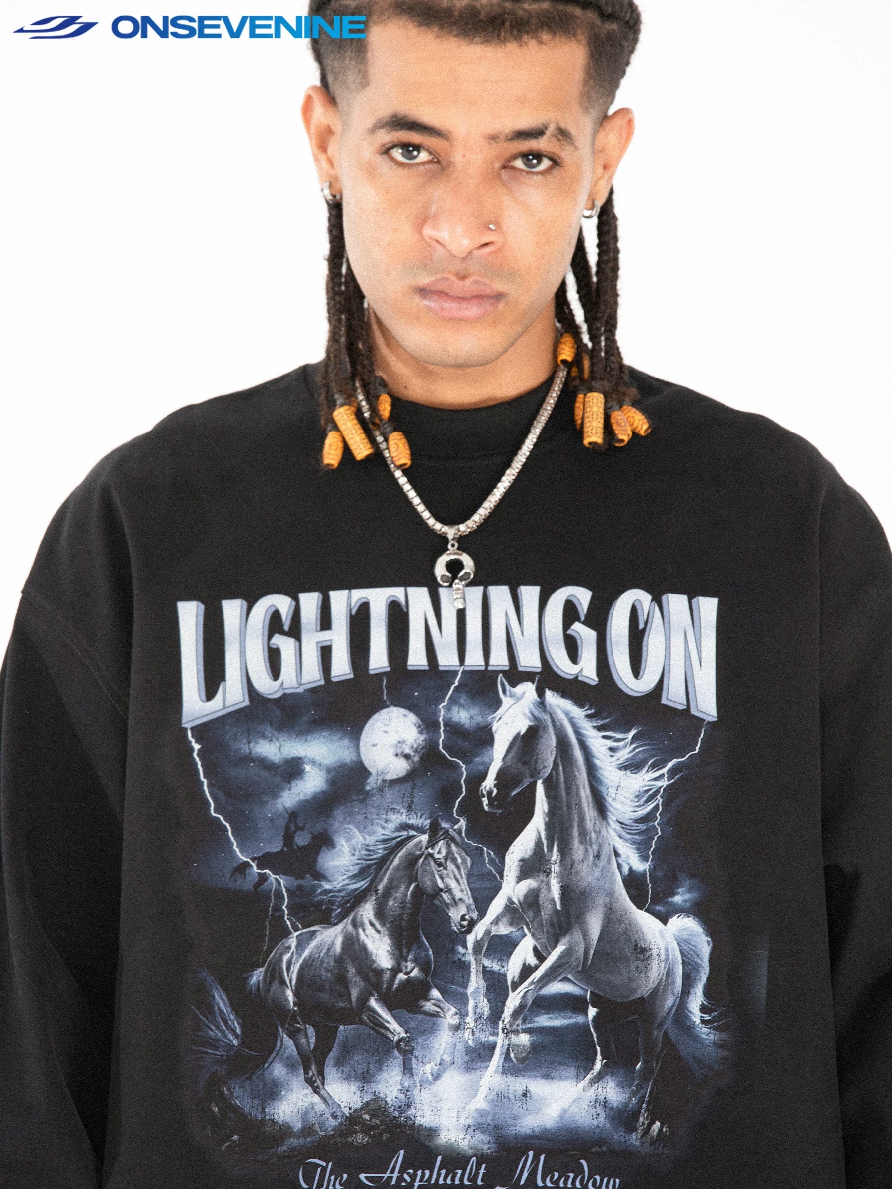 ONSEVENINE "Lightning On" Horses Graphic Long-Sleeve Shirt