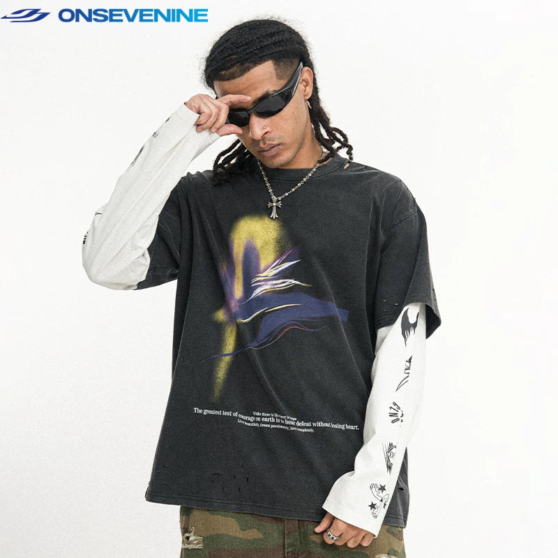 ONSEVENINE Abstract Spray-Graphic Layered-Effect Tee
