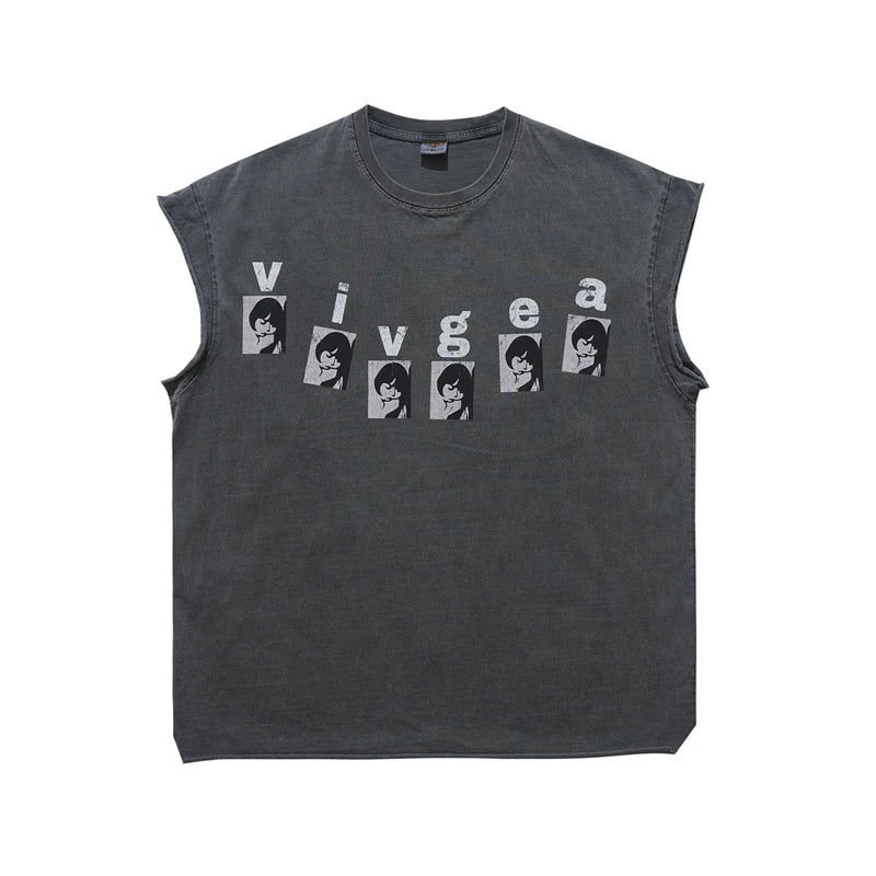 ONSEVENINE "Livges" Face-Collage Acid-Wash Sleeveless Tee