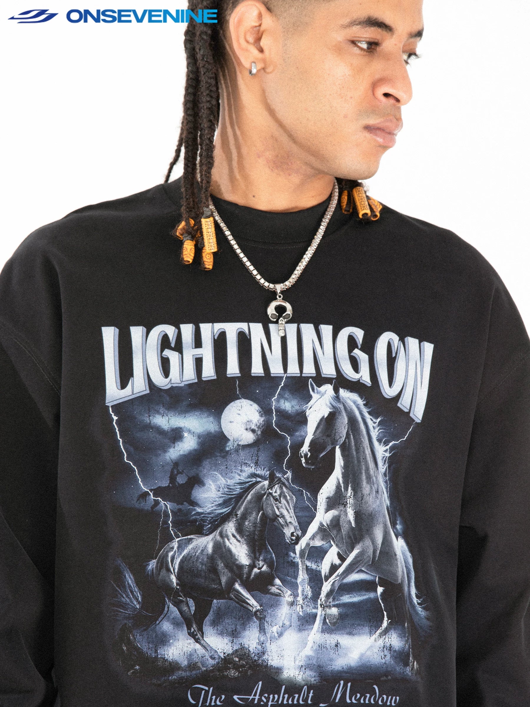 ONSEVENINE "Lightning On" Horses Graphic Long-Sleeve Shirt