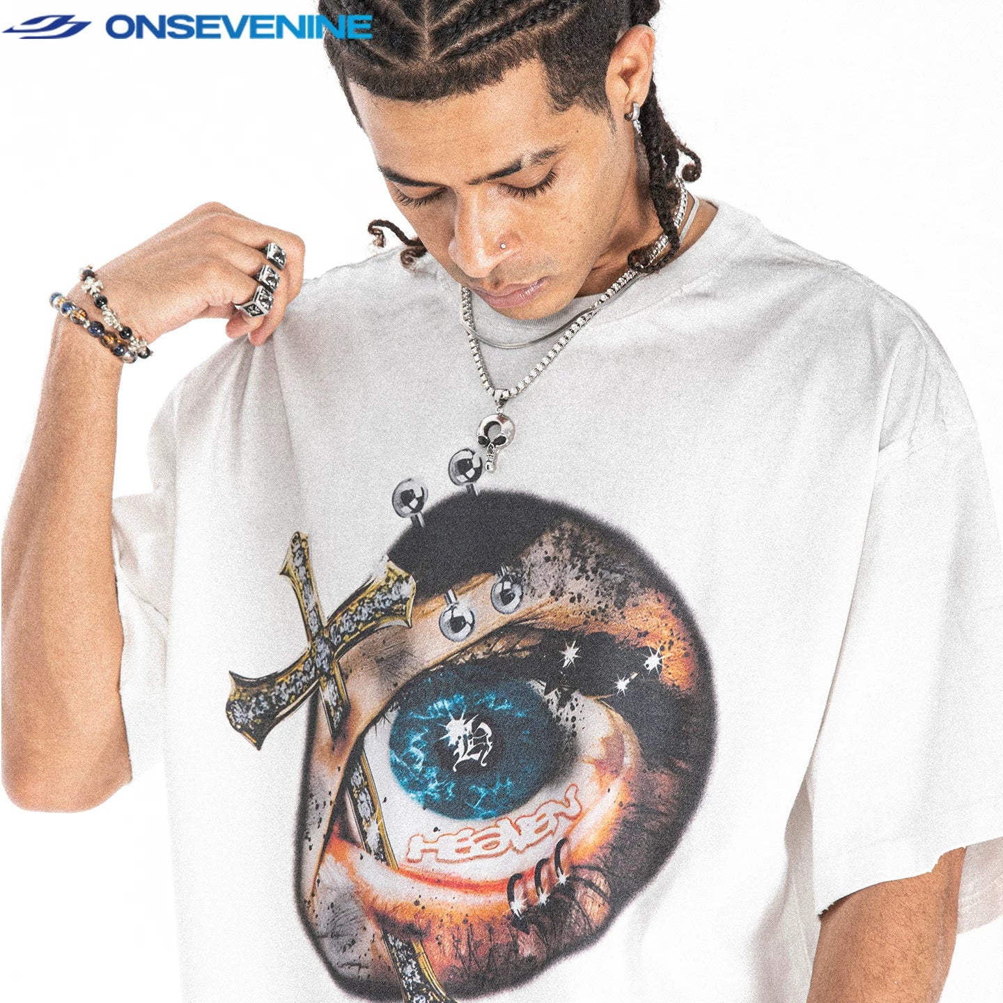 ONSEVENINE "Heaven" Eye and Cross Graphic Tee