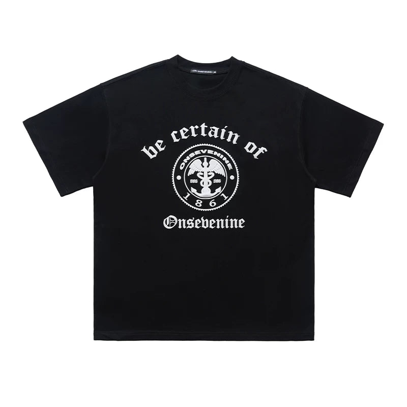 ONSEVENINE Emblem & Gothic Typography Tee