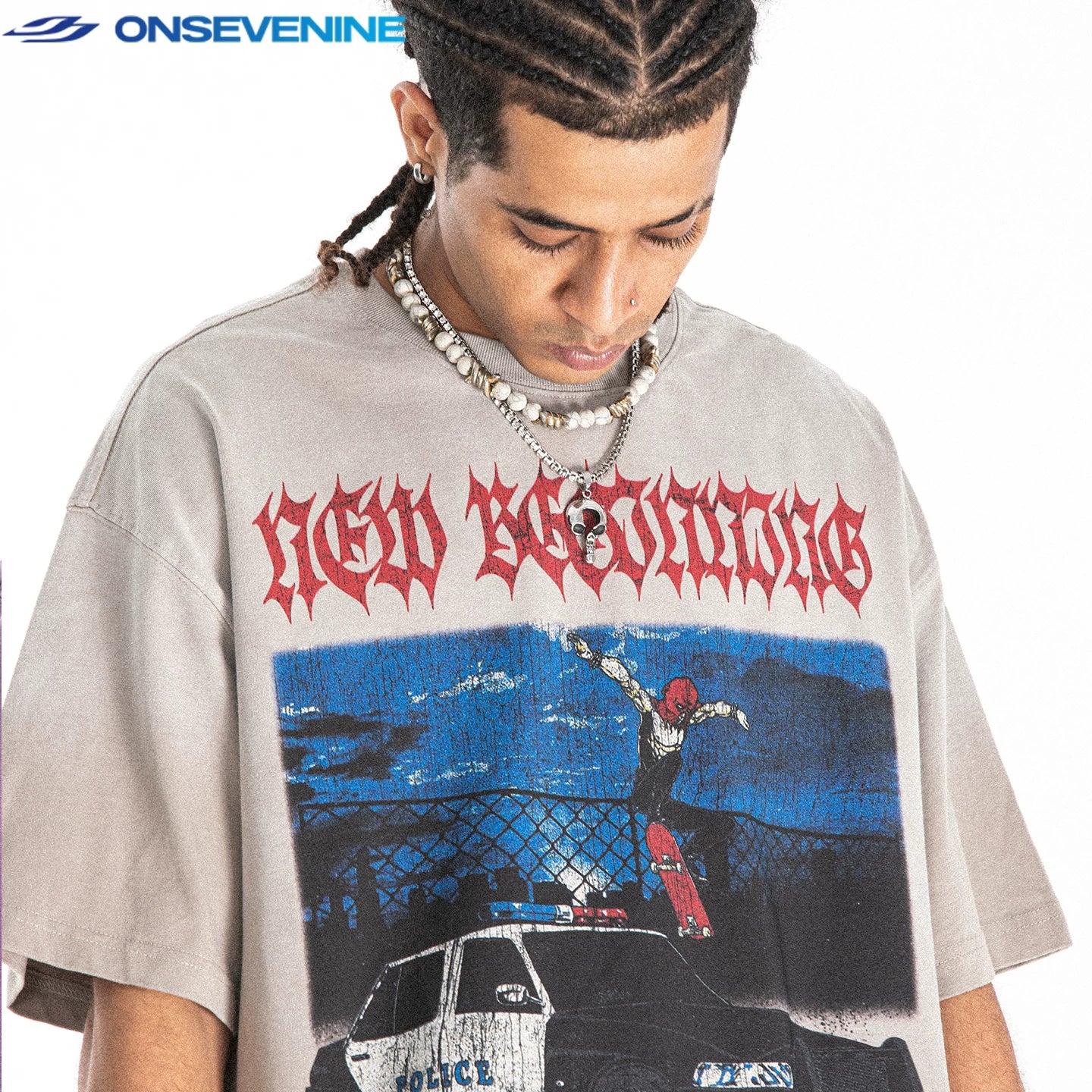 ONSEVENINE Skateboarder and Police Car Graphic Tee