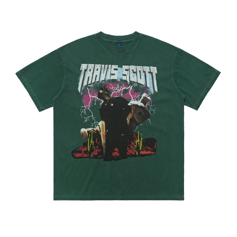 ONSEVENINE "Travis Scott" Pink Acid-Wash Graphic Tee