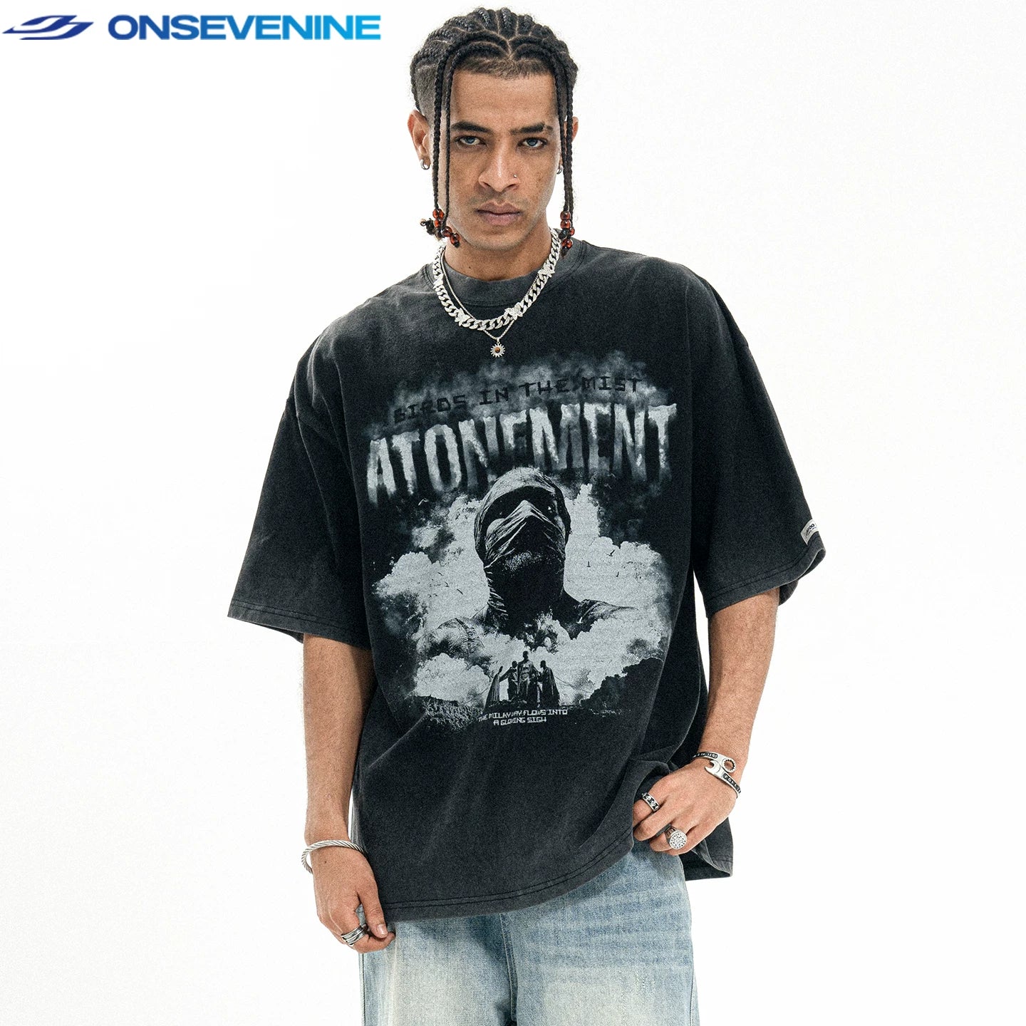 ONSEVENINE "Atonement" Distressed Graphic Tee