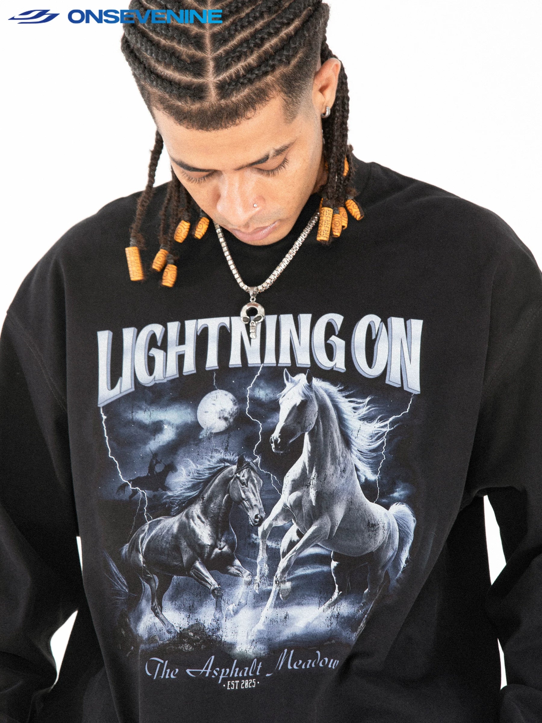 ONSEVENINE "Lightning On" Horses Graphic Long-Sleeve Shirt