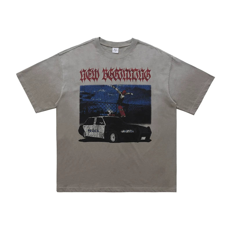 ONSEVENINE Skateboarder and Police Car Graphic Tee