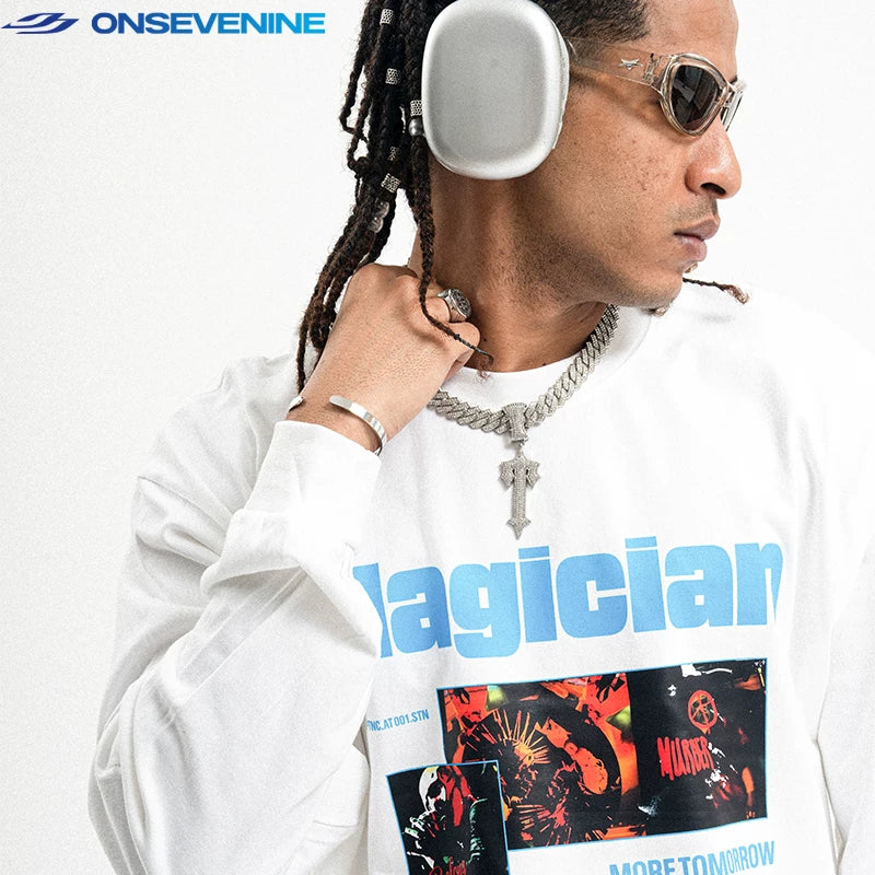 ONSEVENINE "Magician" Collage Graphic Long-Sleeve Tee
