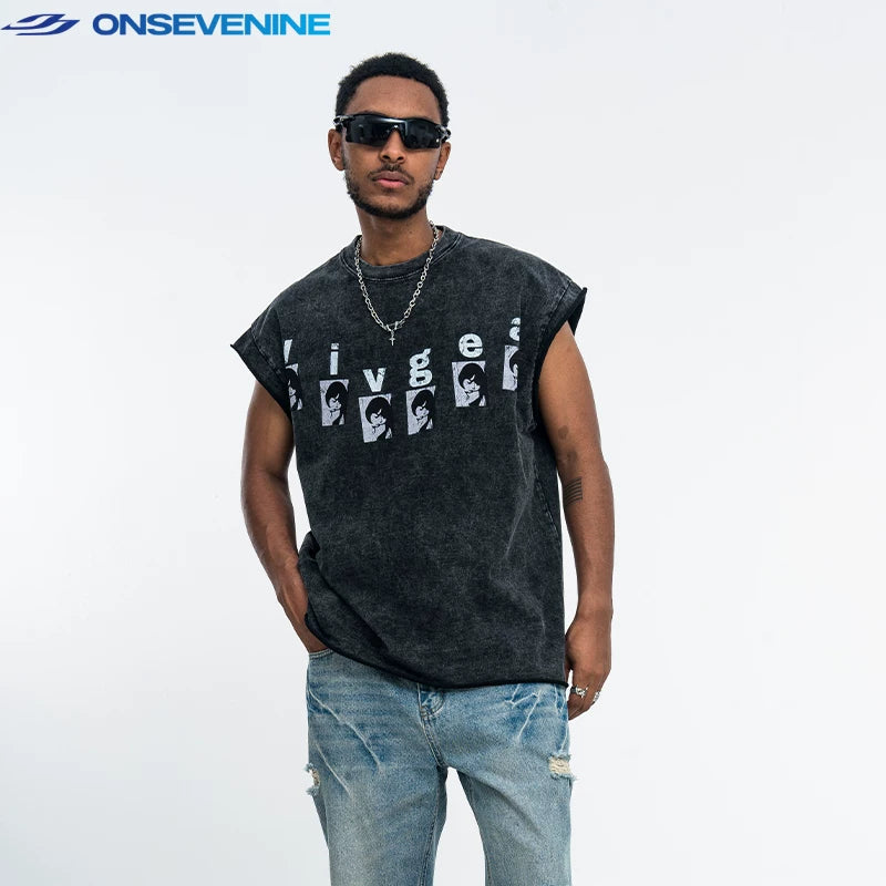 ONSEVENINE "Livges" Face-Collage Acid-Wash Sleeveless Tee