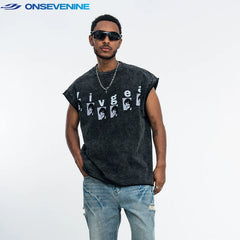 ONSEVENINE "Livges" Face-Collage Acid-Wash Sleeveless Tee