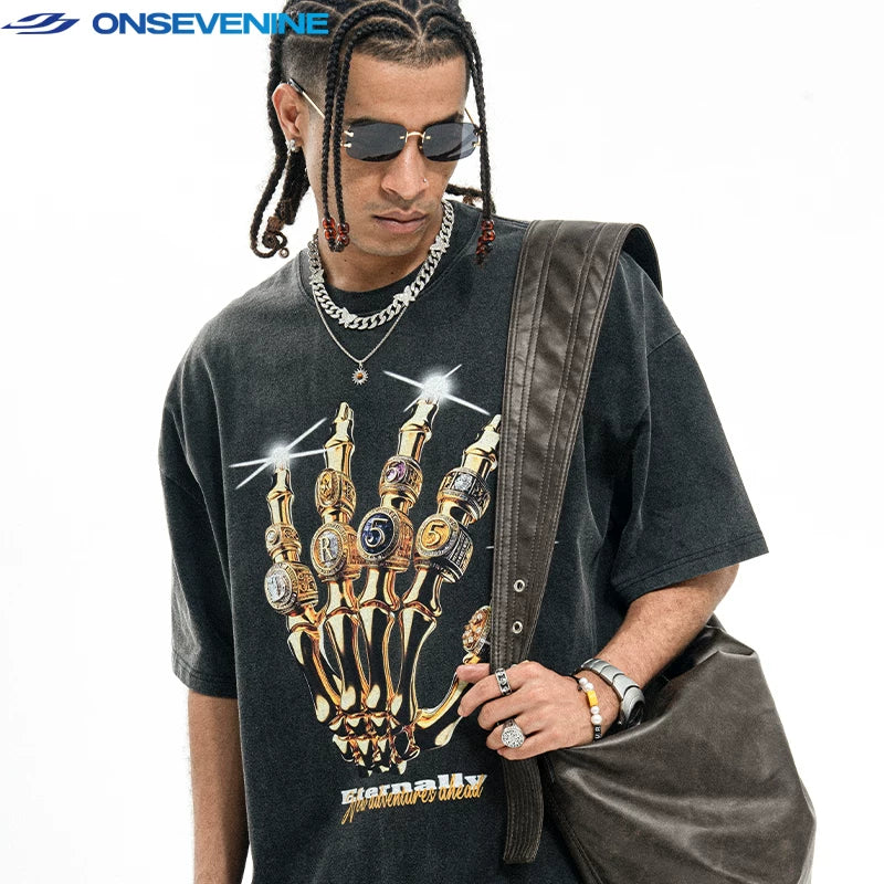 ONSEVENINE Golden Skeletal Hand Ring Graphic Tee