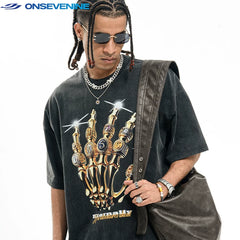 ONSEVENINE Golden Skeletal Hand Ring Graphic Tee