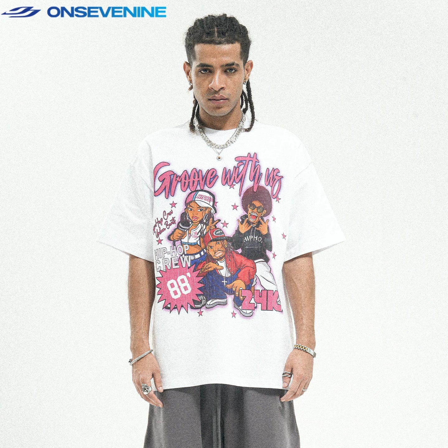 ONSEVENINE "Groove with Us" Cartoon Graphic Tee