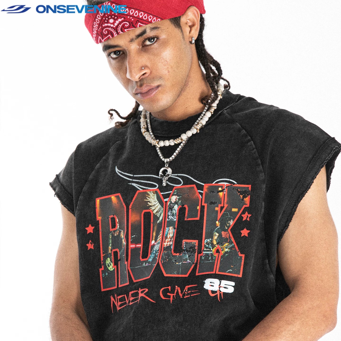 ONSEVENINE "Rock Never Give Up 85" Acid-Wash Sleeveless Tee