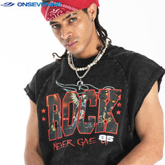 ONSEVENINE "Rock Never Give Up 85" Acid-Wash Sleeveless Tee