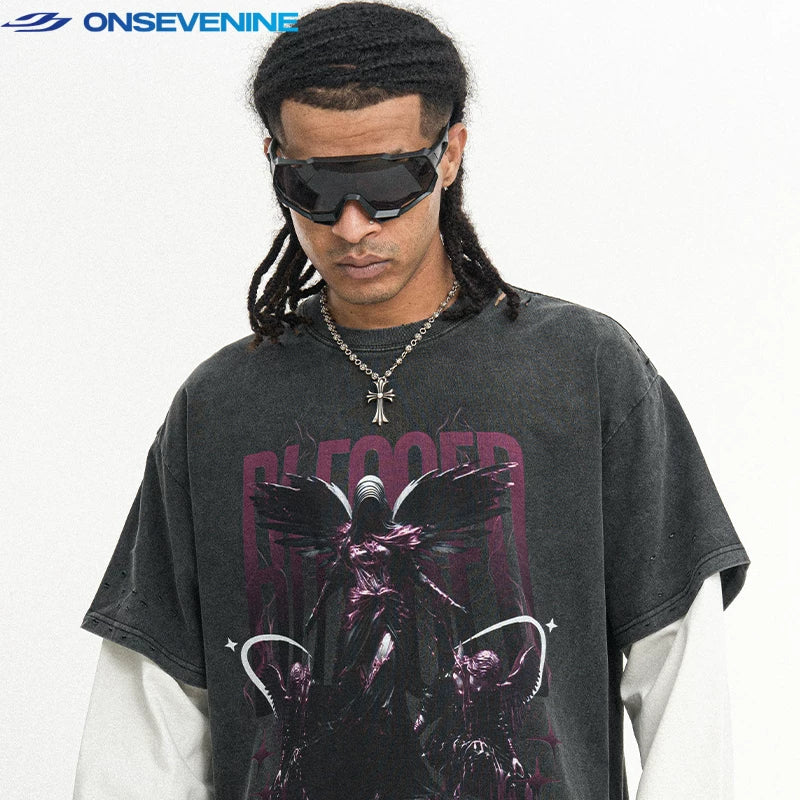 ONSEVENINE Winged Angel Graphic Layered-Effect Tee