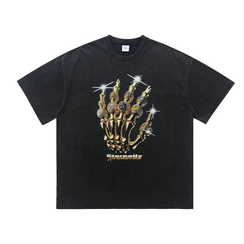 ONSEVENINE Golden Skeletal Hand Ring Graphic Tee