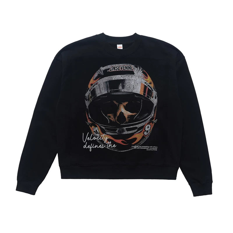 ONSEVENINE Racing Helmet & Flames Black Sweatshirt