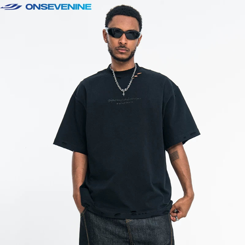 ONSEVENINE Distressed Minimalist Black Tee