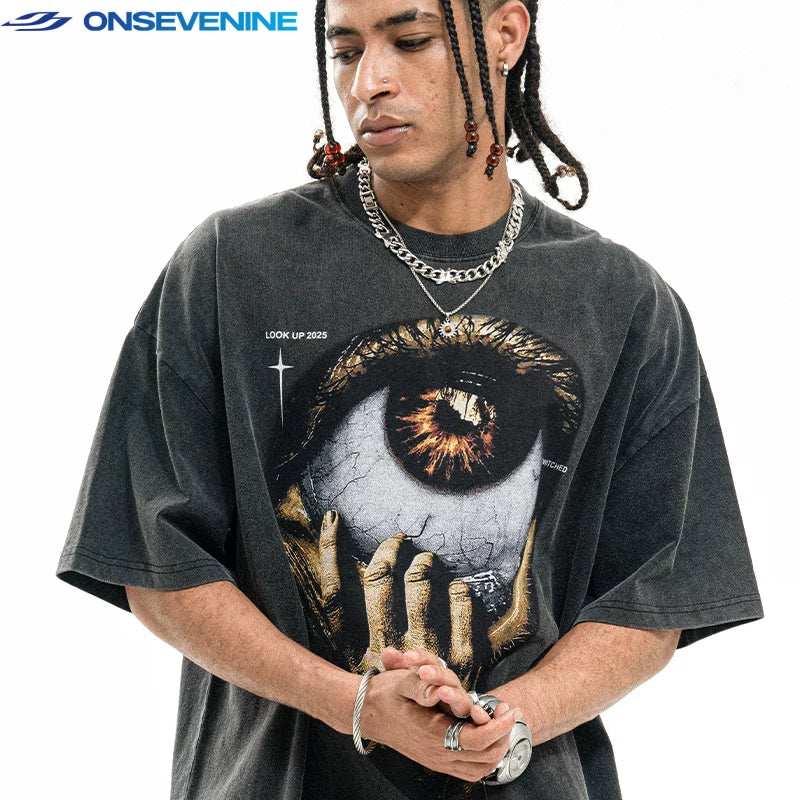 ONSEVENINE Giant Eye and Hand Graphic Tee