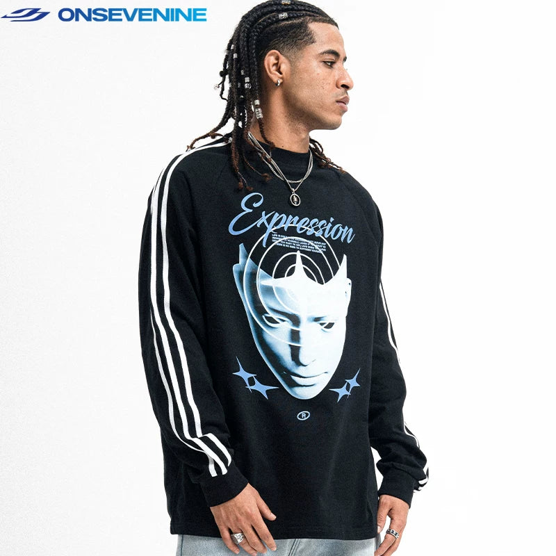 ONSEVENINE "Expression" Cyber-Graphic Long-Sleeve Shirt