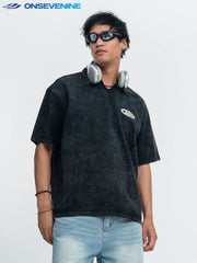 ONSEVENINE Acid-Wash V-Neck Polo Graphic Tee