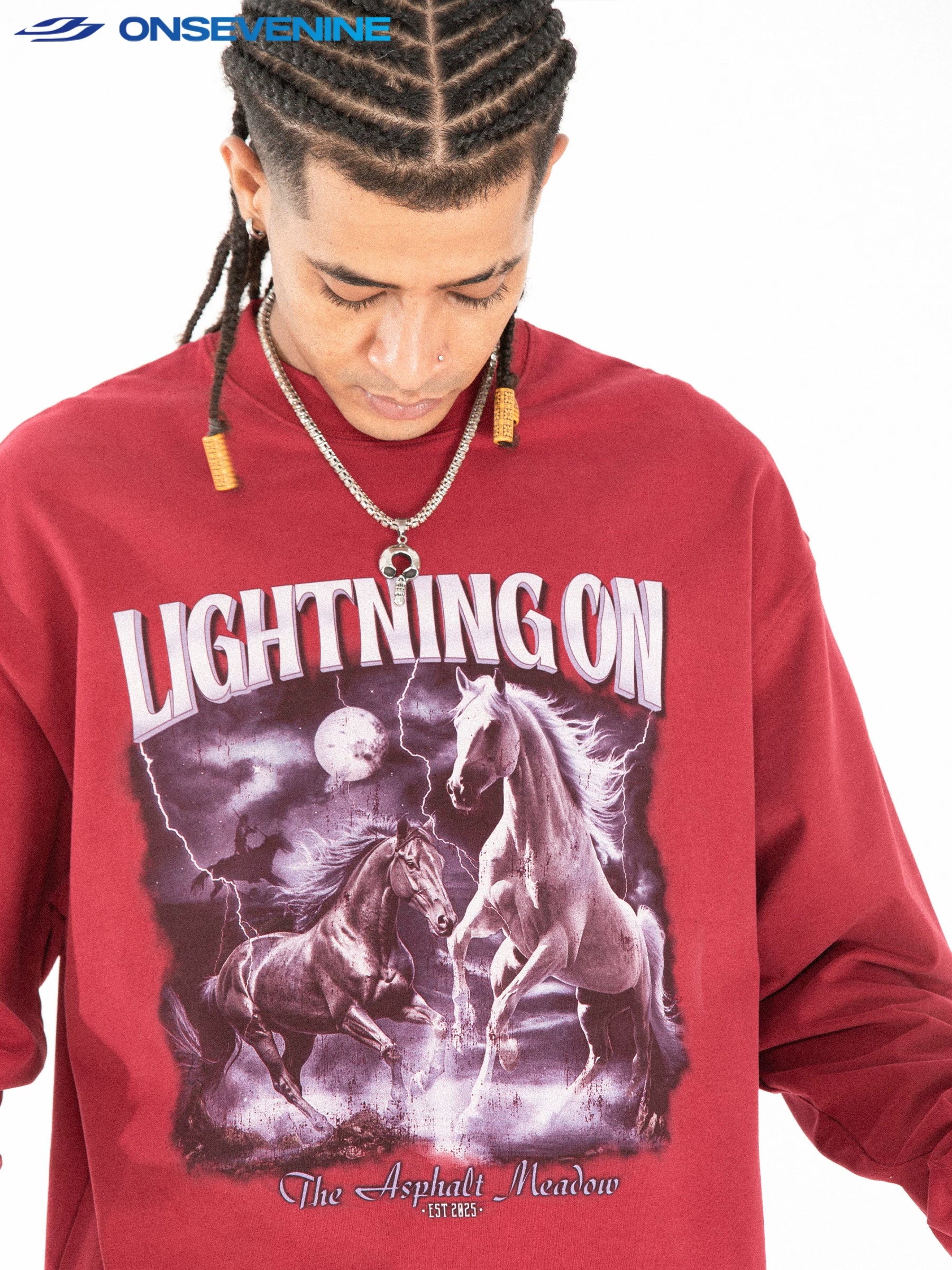 ONSEVENINE "Lightning On" Horses Graphic Long-Sleeve Shirt