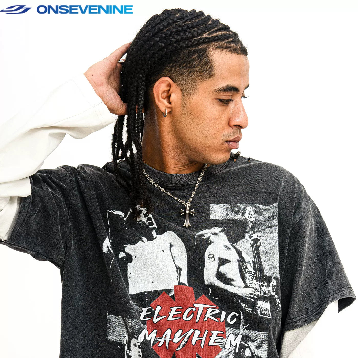 ONSEVENINE "Electric Mayhem" Rock Band Graphic Layered-Effect Tee