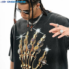 ONSEVENINE Golden Skeletal Hand Ring Graphic Tee
