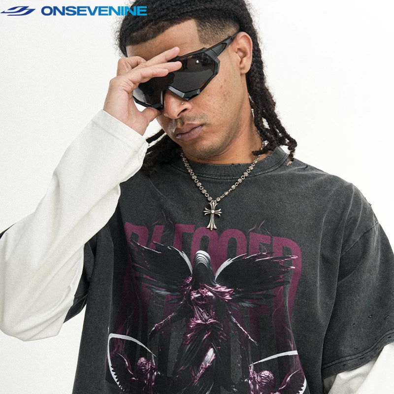 ONSEVENINE Winged Angel Graphic Layered-Effect Tee