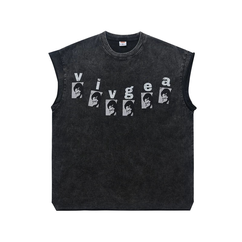 ONSEVENINE "Livges" Face-Collage Acid-Wash Sleeveless Tee