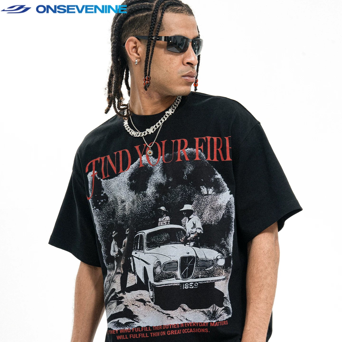 ONSEVENINE "Find Your Fire" Vintage Car Graphic Tee