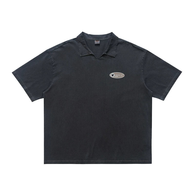 ONSEVENINE Acid-Wash V-Neck Polo Graphic Tee
