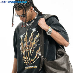 ONSEVENINE Golden Skeletal Hand Ring Graphic Tee