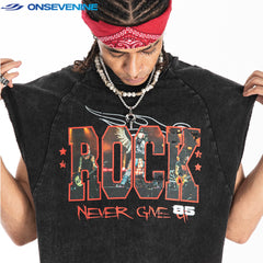 ONSEVENINE "Rock Never Give Up 85" Acid-Wash Sleeveless Tee