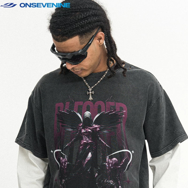 ONSEVENINE Winged Angel Graphic Layered-Effect Tee