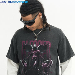 ONSEVENINE Winged Angel Graphic Layered-Effect Tee