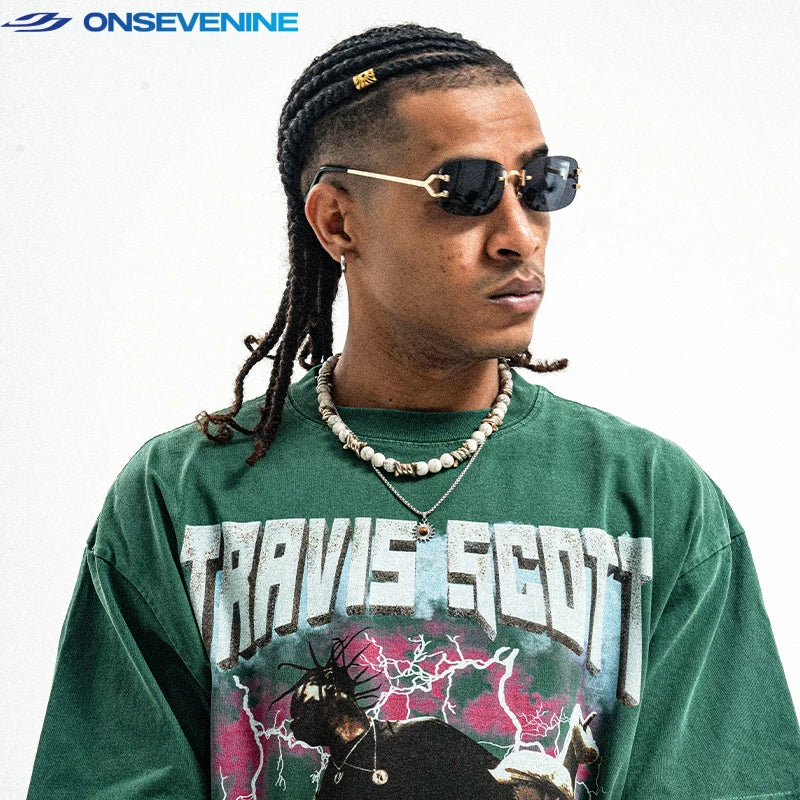 ONSEVENINE "Travis Scott" Pink Acid-Wash Graphic Tee