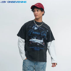 ONSEVENINE "Premier Tier" Airplane Graphic Layered-Effect Tee