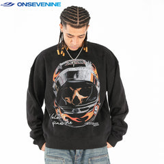 ONSEVENINE Racing Helmet & Flames Black Sweatshirt