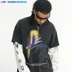 ONSEVENINE Abstract Spray-Graphic Layered-Effect Tee