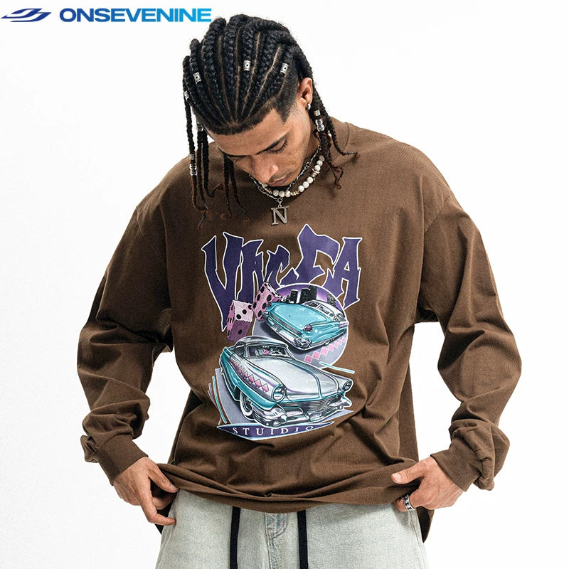 ONSEVENINE Classic Car and Dice Graphic Long-Sleeve Tee